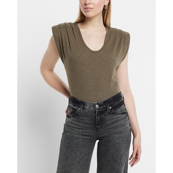 Express Womens Scoop Neck Padded Shoulder Sleeveless Tee Olive Green Size XS NWT - Picture 1 of 16